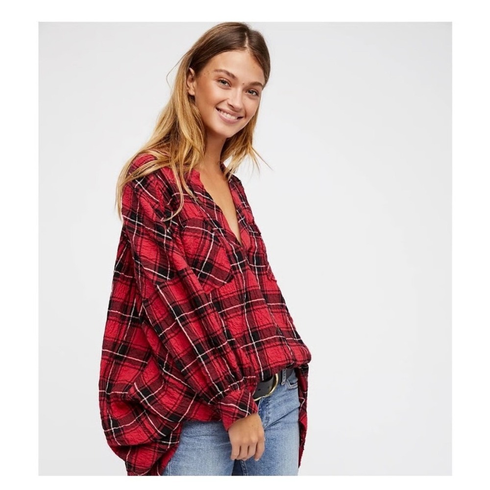 Intimately FP Not Your Boyfriend's Oversized Red Plaid Tunic Top XS‎ Boho Grunge